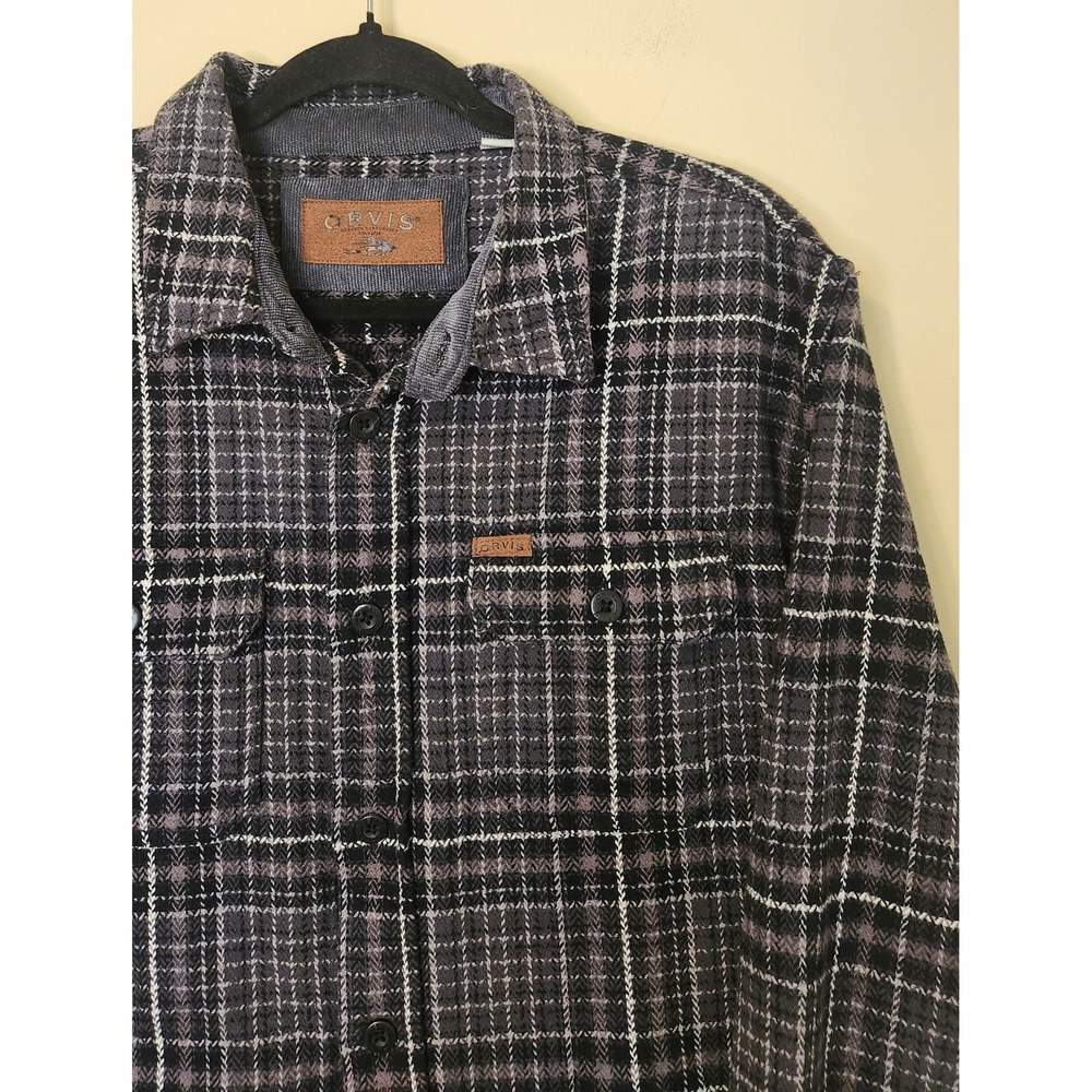 Orvis Mens XL Grey Black Plaid Heavyweight Shirt Button Down Shacket Pockets